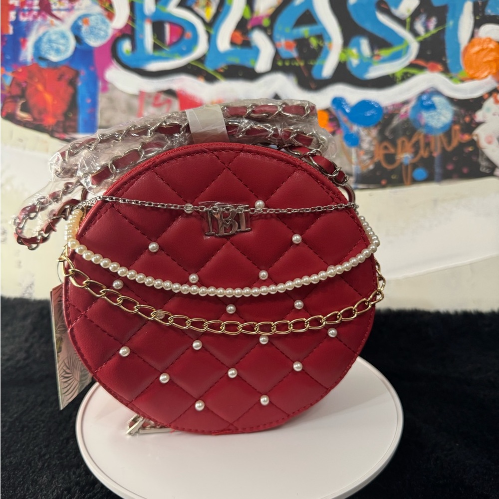 NWT BADGLEY MISCHKA Red Quilted Women's Bag with Chain Accents